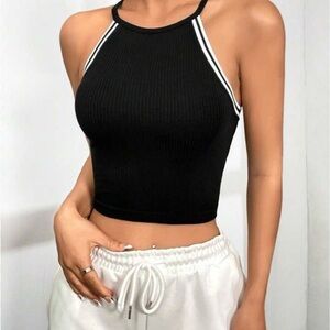 Top Shop Black Ribbed Halter Crop Top with White Trim